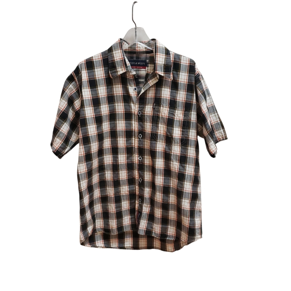 Wuds And Wuds Shirt Mens Size XL Red Black Plaid Button Down Short Sleeve